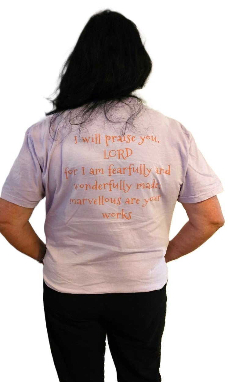 Model wearing Orchid with Psalm 139:14 printed on back of  T wearing a XLarge